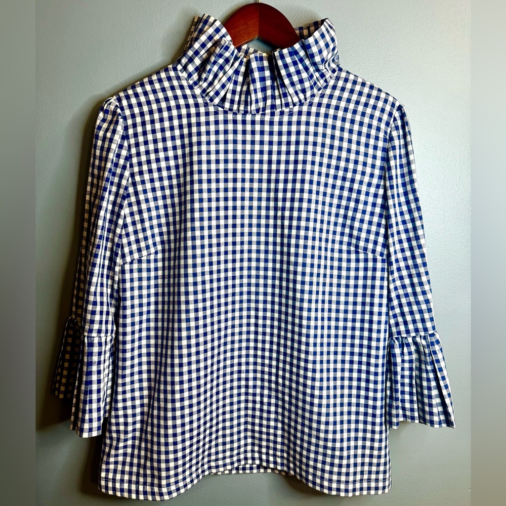 Blue Gingham Ruffle Neck Blouse